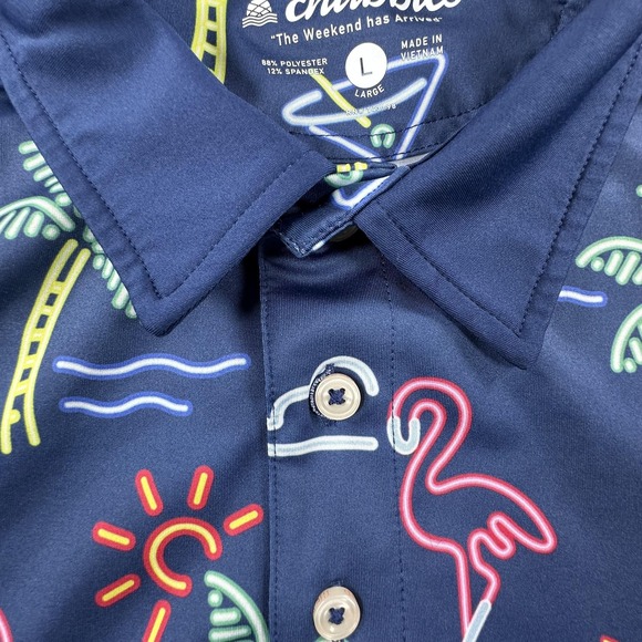 Chubbies Polo Shirt Mens Large Navy Tropical Flamingo Palm Trees Drinks Stretch - Picture 3 of 9